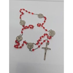 Pope St. John Paul II rosary, red with 5 medallions & crucifix, 5 decade